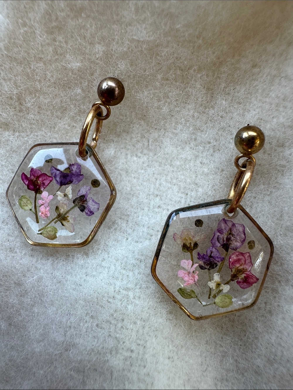 Hexagon Whimsy Floral Resin Drop Earrings - Purple & Pink